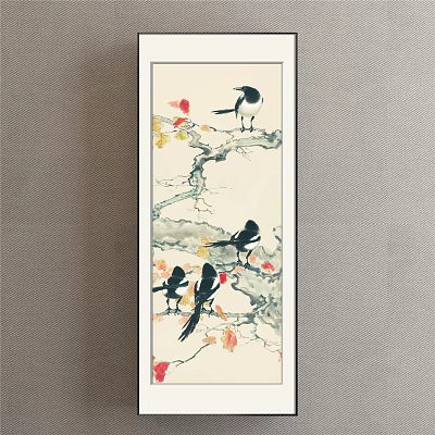 Classic Chinese Animal Ink Painting Scroll with Black Birds on Branches Red Yellow Autumn Leaves 3d model
