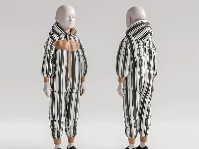 Model In Black White Striped Jumpsuit With Brown Cuffs Collar Front Back Views 3d model