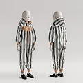 Model In Black White Striped Jumpsuit With Brown Cuffs Collar Front Back Views