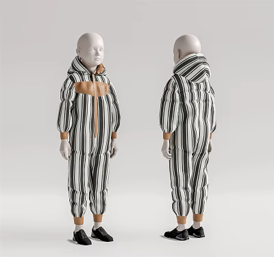 Model In Black White Striped Jumpsuit With Brown Cuffs Collar Front Back Views 3d model