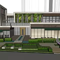 Modern Commercial Street with Stylish Shops Greenery Pedestrian Walkways and High Rise Buildings