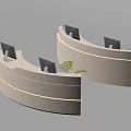 Modern White Curved Reception Desk With Computer Monitors Small Plants And LED Strip Lights