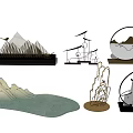 Modern Decorative Ornament Set With Mountain Ship And Circular Design Elements 3d model