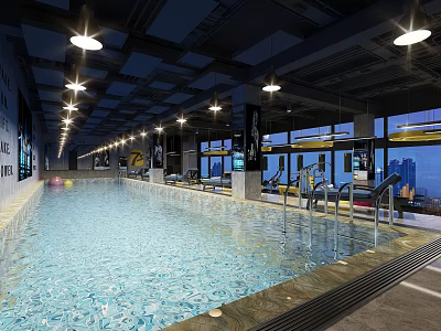 Modern Indoor Swimming Pool With Blue Water Ceiling Lights Large Windows And City View 3d model