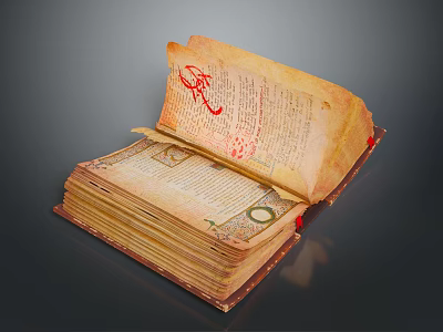 Antique Open Book With Yellowed Vintage Pages And Red Seal Stamp Handwritten Text 3d model
