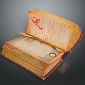 Antique Open Book With Yellowed Vintage Pages And Red Seal Stamp Handwritten Text