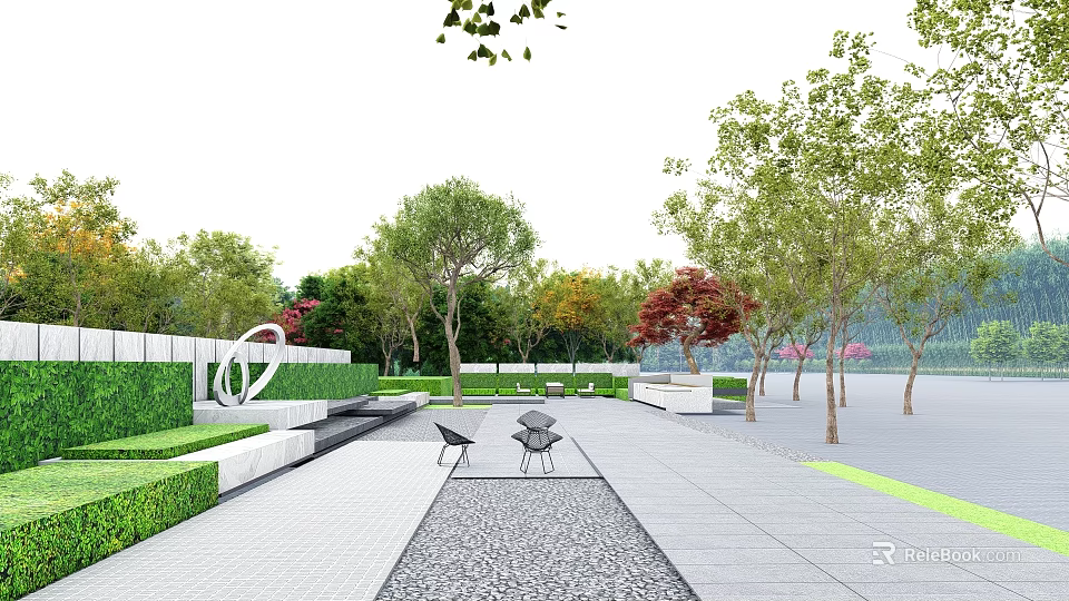 Scenic Urban Park Landscape With Lush Trees Green Red Leaves White Low Walls And Stone Pathways 3d model 