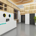 Modern Hospital Outpatient Clinic Corridor With Wooden White Walls Green Plant And Lighting