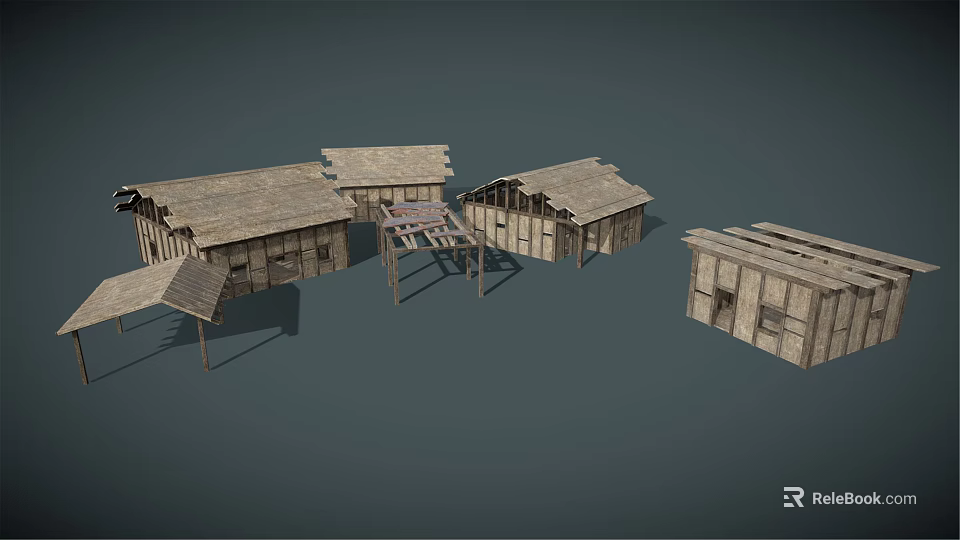Traditional Wooden Building Models With Sloped Roofs And Open Frame Structures 3d model 