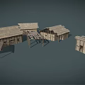 Traditional Wooden Building Models With Sloped Roofs And Open Frame Structures