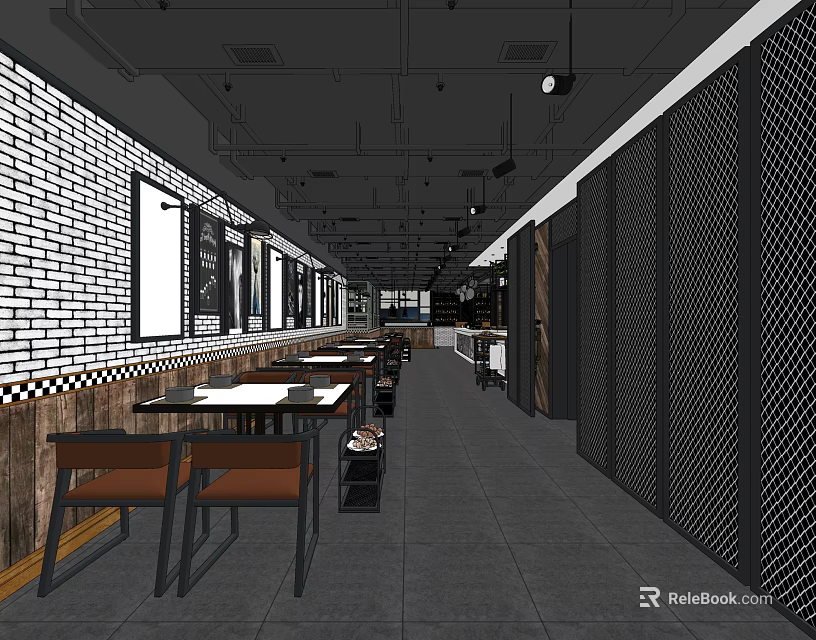 Modern Hot Pot Restaurant Interior With White Brick Wall Tables And Ceiling Lights 3d model 