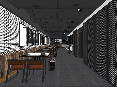 Modern Hot Pot Restaurant Interior With White Brick Wall Tables And Ceiling Lights 3d model