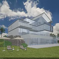 Modern Detached Villa With Glass Curtain Wall Green Lawn Palm Trees And Outdoor Lounge Area