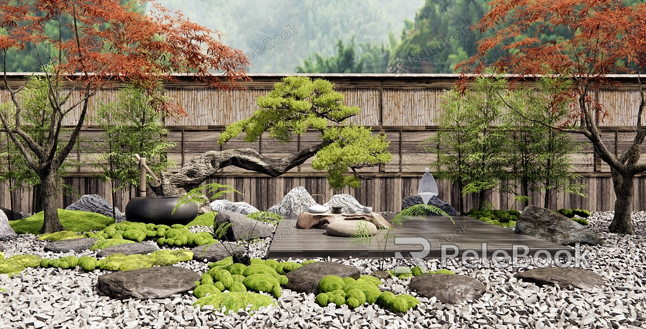 Dry Landscape Courtyard Landscape Ting Stone Head Moss Micro-terrain Courtyard Plants Landscaping Wall Red Maple model