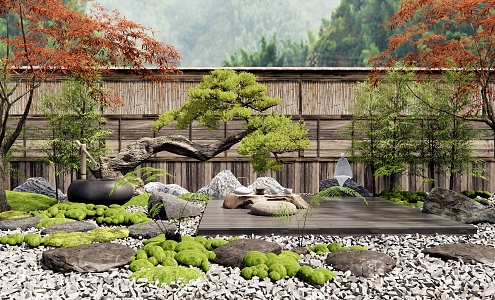 Dry Landscape Courtyard Landscape Ting Stone Head Moss Micro-terrain Courtyard Plants Landscaping Wall Red Maple 3d model