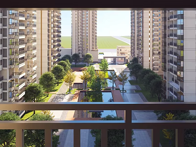 Aerial View Planning of Residential Community With High-rise Buildings Green Spaces Walkways And Water Features 3d model