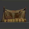 Rustic Outdoor Living Supplies Display With Canvas Tent Wooden Wheel And Bundled Sacks