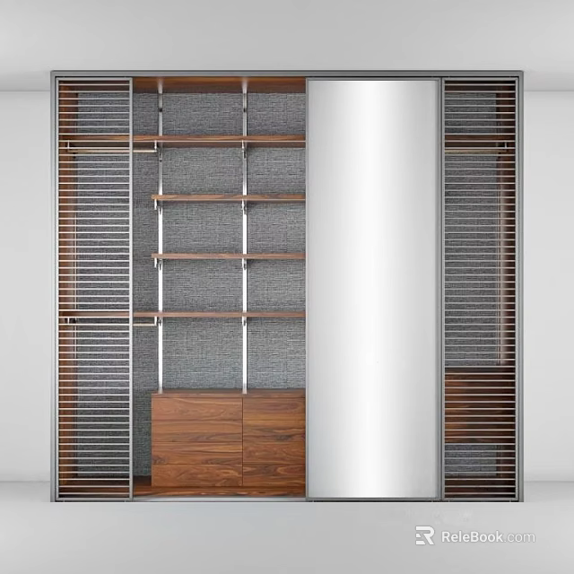 Modern Wooden Wardrobe Design With Metal Frame Full Length Mirror And Multiple Shelves 3d model 
