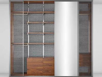 Modern Wooden Wardrobe Design With Metal Frame Full Length Mirror And Multiple Shelves 3d model