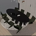 Modern Black Oval Dining Table Set With Green Chairs Unique Leg Design And Woven Rug