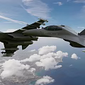 Two fighter jets flying in blue sky with white clouds and coastal ocean view below