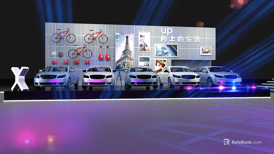 Xiamen Auto Show Display With Cars Bicycles Eiffel Tower And Lighting 3d model 