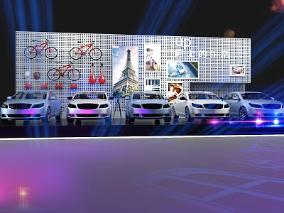 Xiamen Auto Show Display With Cars Bicycles Eiffel Tower And Lighting 3d model