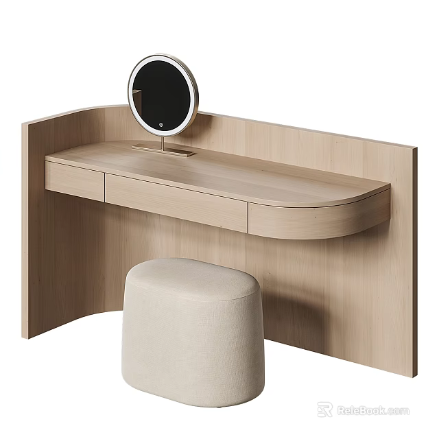 Modern Minimalist Light Wood Dressing Table With Round Mirror Curved Countertop And Beige Stool 3d model 