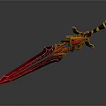 Red And Golden Mythical Sword With Intricate Ornate Design And Decorative Hilt
