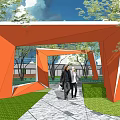 Modern Garden Landscape With Orange Geometric Structures Green Lawns And Pathway