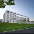 Modern School Building Exterior With Glass Curtain Walls Green Lawn And Trees