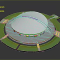 Modern Commercial Complex With Circular Structure White Dome Green Areas And Connected Roads