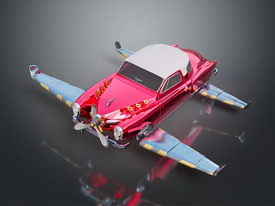 Red Car Airplane Hybrid Model with Blue Yellow Wings and Propeller Decoration on Reflective Surface 3d model