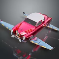 Red Car Airplane Hybrid Model with Blue Yellow Wings and Propeller Decoration on Reflective Surface