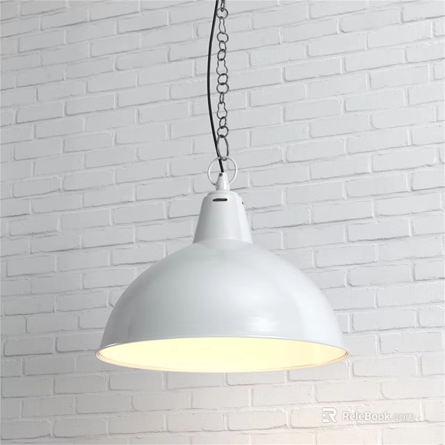 White Dome Shaped Pendant Light Hanging by Chain Against White Brick Wall Lit Interior Decoration 3d model 