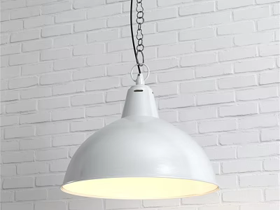 White Dome Shaped Pendant Light Hanging by Chain Against White Brick Wall Lit Interior Decoration 3d model