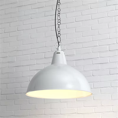 White Dome Shaped Pendant Light Hanging by Chain Against White Brick Wall Lit Interior Decoration 3d model