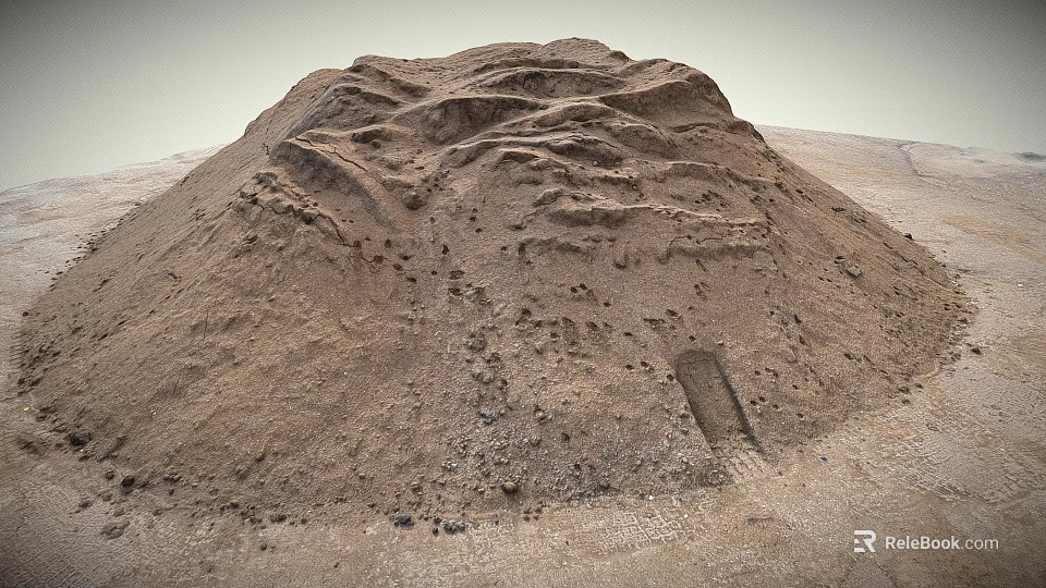 Ancient Earth Mound With Rugged Surface Ridges And Small Entrance On Sandy Ground 3d model 