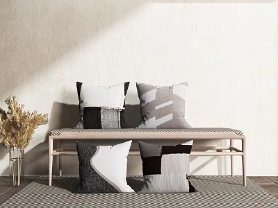 Modern Geometric Pattern Pillows Black White Gray On Light Wood Bench With Neutral Wall 3d model