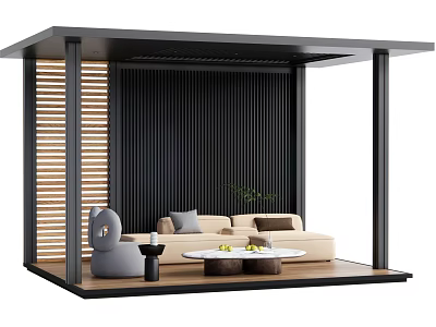 Modern Outdoor Pergola Interior With Beige Sofa Gray Armchair And Wooden Accents 3d model