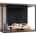 Modern Outdoor Pergola Interior With Beige Sofa Gray Armchair And Wooden Accents