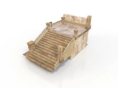 Classical Stone Staircase Platform With Ornate Balustrade And Upper Steps 3d model