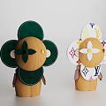 Flower Shaped Decorative Ornament Set With Wooden Base Green White Petals And Decorative Details