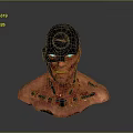 Red And Black Mechanical Bust Sculpture With Mask Design And Intricate Details