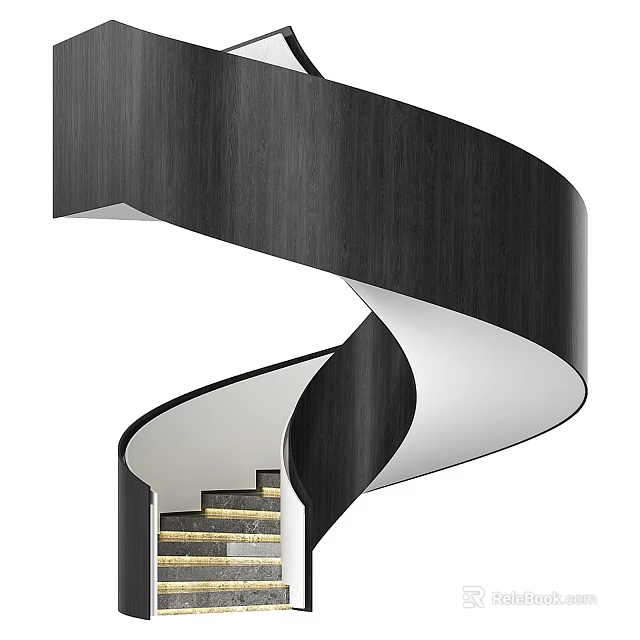 Sleek Black Spiral Staircase With Modern Wooden Design And Gold Tread Steps 3d model 