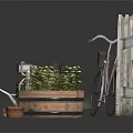 Miniature Garden Display Featuring White Picket Fence Pink Bicycle Wooden Barrel Plants And Watering Can