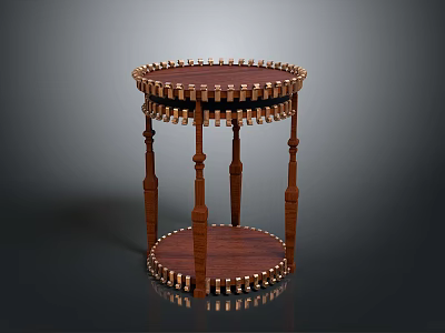 Architectural Wooden Round Two Tiered Table With Decorative Edges And Column Legs Design 3d model
