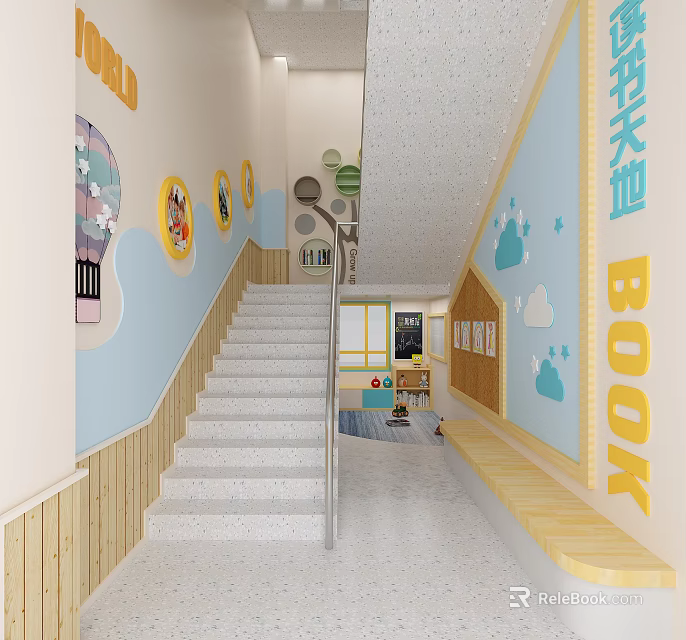 School Interior With Staircase Book Area And Decorative Wall Art For Children 3d model 