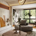 Modern Living Room with Chandelier Sofa Wooden Coffee Table Armchair Plants and Decorative Wall Clock