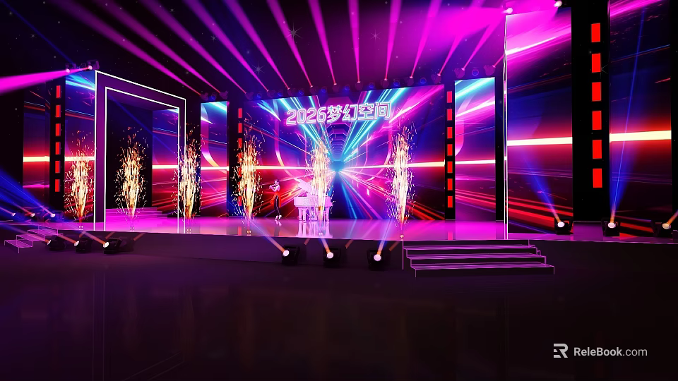 2023 Vibrant Stage Design With Colorful Lights Fireworks Steps And Large Screen 3d model 
